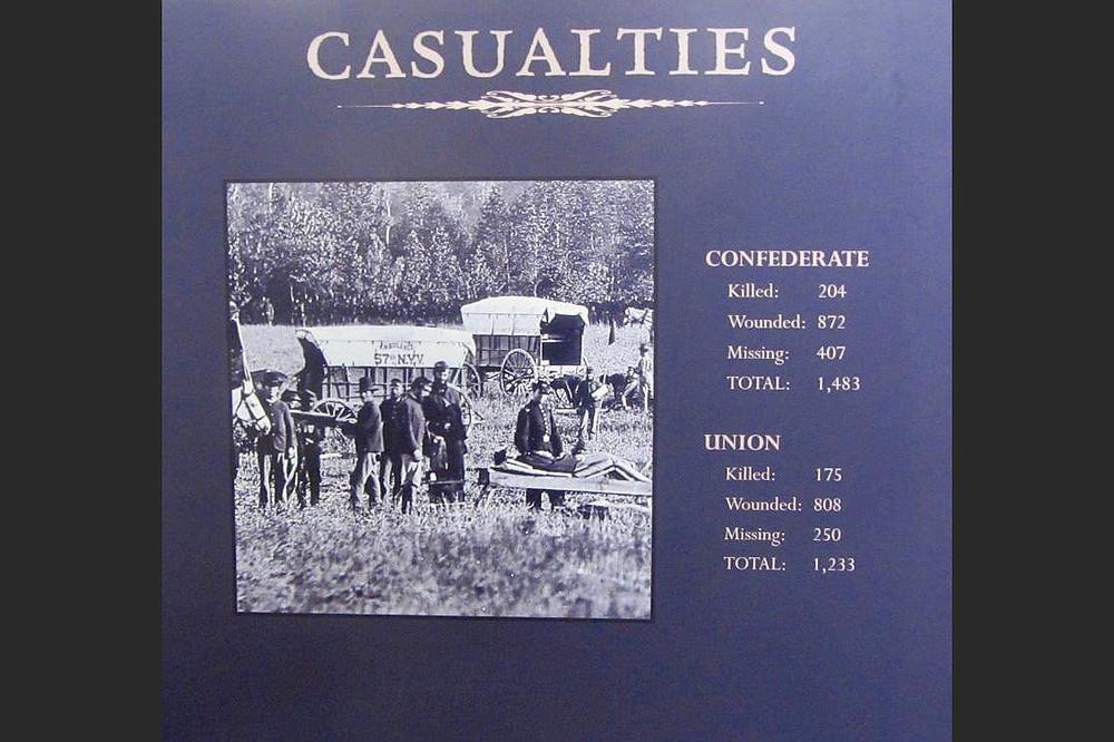 A sign lists Union and Confederate casualties in the Prairie Grove fighting. (Special to the Democrat-Gazette/Marcia Schnedler)