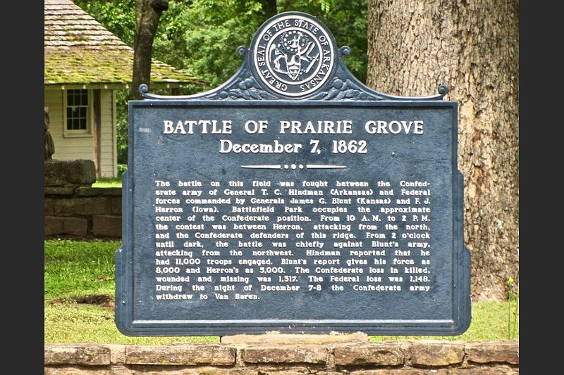 State park markers sum up the Battle of Prairie Grove on Dec. 7, 1862. (Special to the Democrat-Gazette/Marcia Schnedler)