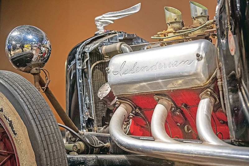 Isky Roadster, one of the first hot rods ever made, is seen in this photo taken on Friday, March 26, 2021, at Speedway Motors Museum of American Speed in Lincoln, Neb. The valve covers of the Isky Roadster are inscribed with the name of its builder, Ed Iskenderian. (Justin Wan/Lincoln Journal Star via AP)