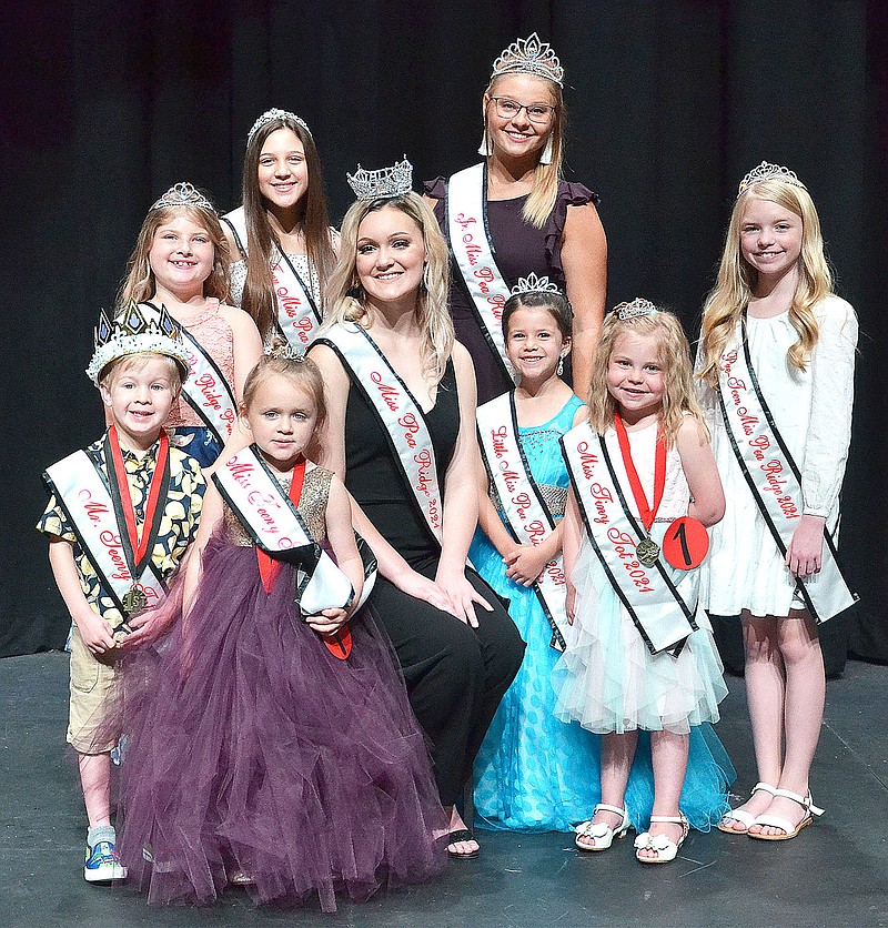 The court for 2021 surrounds Miss Pea Ridge Gabbie Fletcher. Queens are Jr. Miss Natalie Graham, Teen Miss Savannah Young, Pre-Teen Miss Macy Dyson, Princess Addison See, Little Miss Aria Butler, Miss Tiny Tot Lakelyn Talburt, Mr. Tiny Tot Graham Shaver, Miss Teeny Tot Hadley McBurnett and Mr. Tiny Tot Lincoln Shaver. Winners were crowned Friday night and Saturday morning.