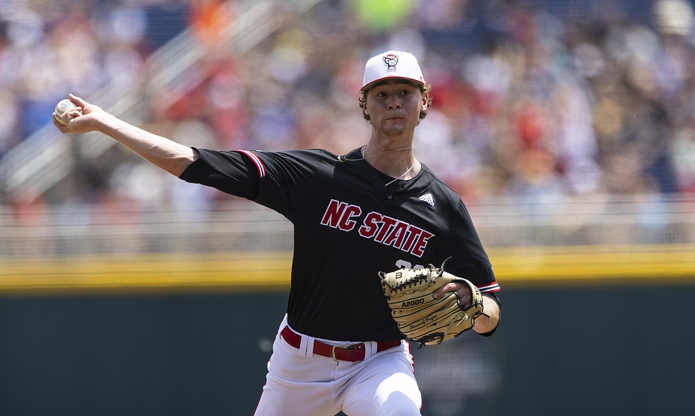 North Carolina State starting pitcher Garrett Payne throws against Vanderbilt in the first inning during a baseball game in the College World Series, Friday, June 25, 2021, at TD Ameritrade Park in Omaha, Neb. (AP Photo/Rebecca S. Gratz)