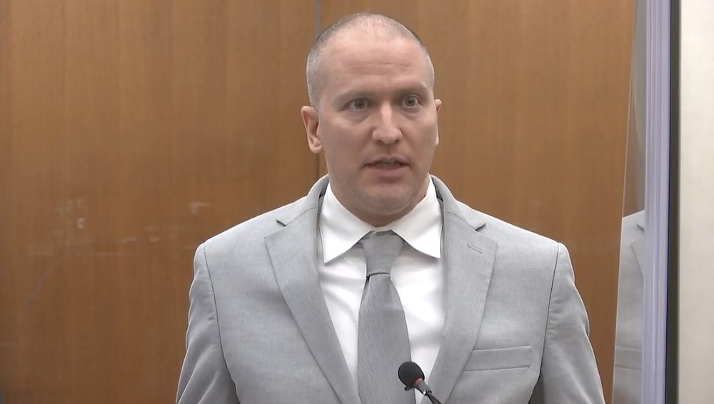 In this image taken from video, former Minneapolis police Officer Derek Chauvin addresses the court as Hennepin County Judge Peter Cahill presides over Chauvin's sentencing, Friday, June 25, 2021, at the Hennepin County Courthouse in Minneapolis. Chauvin faces decades in prison for the May 2020 death of George Floyd.  (Court TV via AP, Pool)