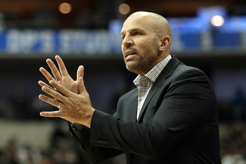 FILE - In this Nov. 18, 2017, file photo, Milwaukee Bucks head coach Jason Kidd looks at an official after a foul was called against his team in the second half of an NBA basketball game against the Dallas Mavericks in Dallas. Kidd is coming back to Dallas again, this time to replace the coach he won a championship with as the point guard of the Mavericks 10 years ago. A person with direct knowledge of the agreement says Kidd and the Mavericks agreed on a contract Friday, June 25, 2021, eight days after Carlisle resigned abruptly in the wake of general manager Donnie Nelson’s departure. (AP Photo/Tony Gutierrez, File)