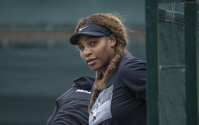 USA's Serena Williams prepares for a practice session, ahead of the Wimbledon Tennis Championships, in London, Sunday, June 27, 2021. (David Gray/Pool Photo via AP)