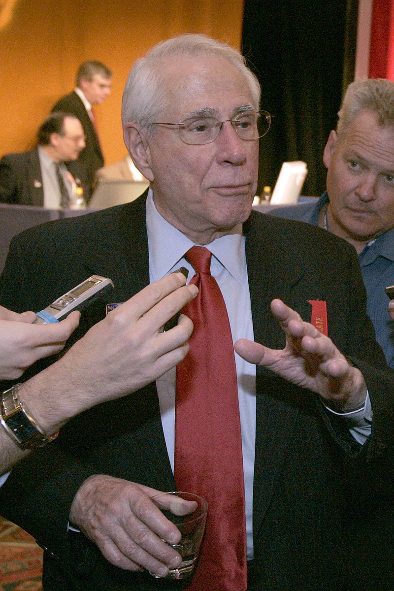 FILE - Former Democratic Sen. Mike Gravel speaks to the media after failing to win the nomination for the Libertarian Presidential nomination in Denver, in this May 25, 2008, file photo. Gravel, a former U.S. senator from Alaska who read the Pentagon Papers into the Congressional Record and confronted Barack Obama about nuclear weapons during a later presidential run, has died. He was 91. Gravel, who represented Alaska as a Democrat in the Senate from 1969 to 1981, died Saturday, June 26, 2021. Gravel had been living in Seaside, California, and was in failing health, said Theodore W. Johnson, a former aide. (AP Photo/Will Powers, File)
