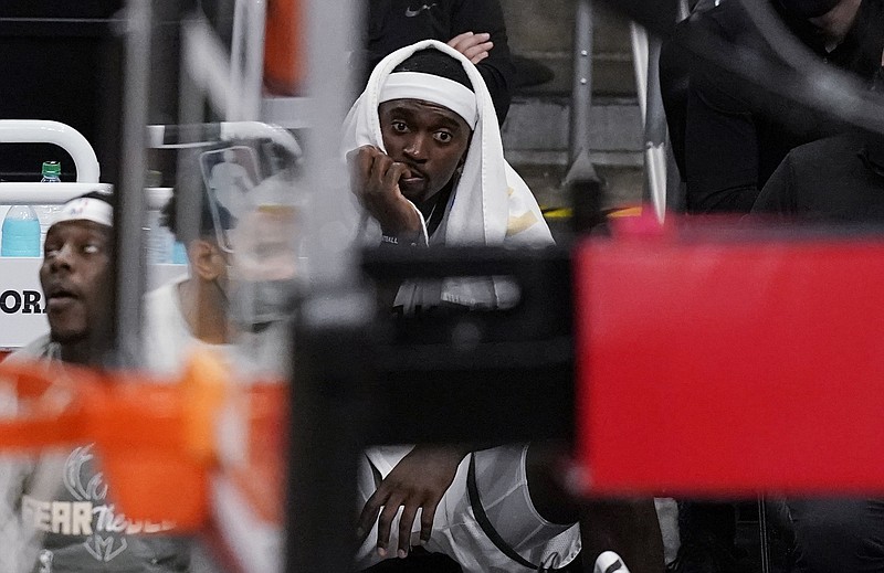 Milwaukee Bucks center Bobby Portis reacts during during the second half of the team's loss to the Atlanta Hawks in Game 4 of the NBA basketball Eastern Conference finals Tuesday, June 29, 2021, in Atlanta. (AP Photo/Brynn Anderson)