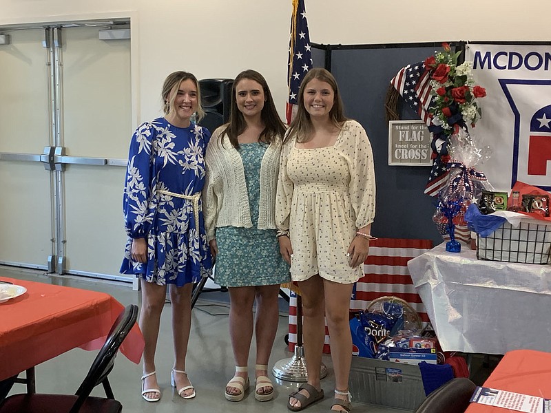 PHOTOS BY ALEXUS UNDERWOOD. McDonald County Republican Club 2021 scholarship recipients. From left to right, the recipients are Ragan Wilson, Laney Wilson, and Erin Cooper.