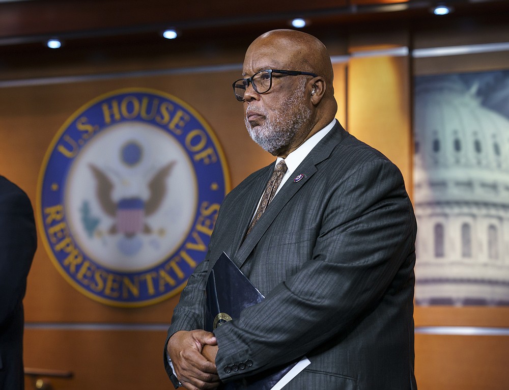 Rep. Bennie Thompson, chairman of the House Homeland Security Committee, listens as Speaker of the House Nancy Pelosi, D-Calif., announces her appointments to a new select committee to investigate the violent Jan. 6 insurrection at the Capitol, on Capitol Hill in Washington, Thursday, July 1, 2021. Thompson will lead the probe to examine what went wrong around the Capitol when hundreds of supporters of then-President Donald Trump broke into the building, hunted for lawmakers and interrupted the congressional certification of Democrat Joe Biden's election victory. (AP Photo/J. Scott Applewhite)