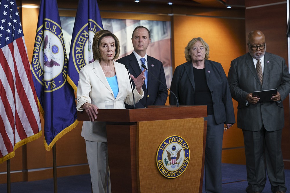 Speaker of the House Nancy Pelosi, D-Calif., announces her appointments to a new select committee to investigate the violent Jan. 6 insurrection at the Capitol, including from left, Rep. Adam Schiff, D-Calif., Rep. Zoe Lofgren, D-Calif., and Rep. Bennie Thompson D-Miss., who will lead the panel, on Capitol Hill in Washington, Thursday, July 1, 2021. The probe will examine what went wrong around the Capitol when hundreds of supporters of then-President Donald Trump broke into the building, hunted for lawmakers and interrupted the congressional certification of Democrat Joe Biden's election victory. (AP Photo/J. Scott Applewhite)