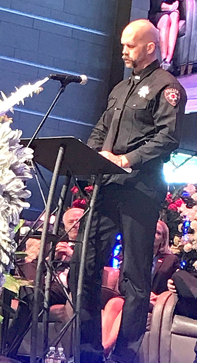 Pea Ridge Police Officer Jeff Hunt shared his memories during the funeral of fellow officer Kevin Apple who was killed in the line of duty.