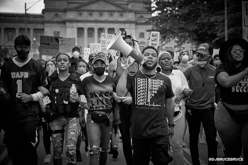 Tim Campbell, a 2015 UAPB alumnus, leads protesters in a march down Capitol Avenue at Little Rock in June 2020 following the killing of George Floyd. During a 2021 presentation for the U.S. Embassy at Tokyo, Campbell spoke about his activism, Black Lives Matter and movement building. (Special to The Commercial/DJ Bruce Bruce)
