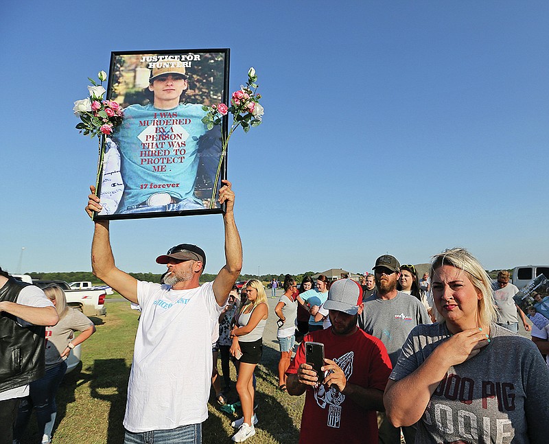 Family and friends of 17-year-old Hunter Brittain, including his uncle, Harley Brittain (left), hold a rally outside the Lonoke County Sheriff's office on Wednesday, June 23, 2021, in Lonoke. Brittain was shot by a Lonoke County Sheriff's deputy during a traffic stop early Wednesday morning.
(Arkansas Democrat-Gazette/Thomas Metthe)