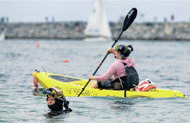 Shannon Aurigemma mans a kayak as divers go underwater to remove invasive alga from an area near China Beach in Corona del Mar, Calif. on Wednesday, July 7, 2021. (Mindy Schauer/The Orange County Register via AP)