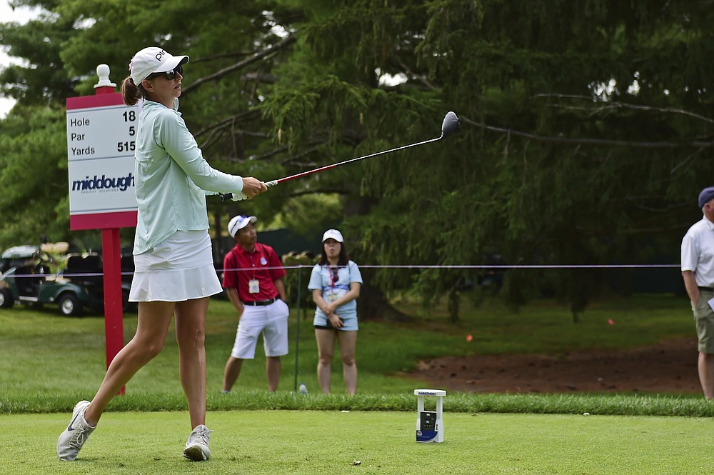 Elizabeth Szokol tees off on the 18th hole during the third round of the Marathon LPGA Classic golf tournament at Highland Meadows Golf Club in Sylvania, Ohio, Saturday, July 10, 2021, in Sylvania, Ohio. (AP Photo/David Dermer)