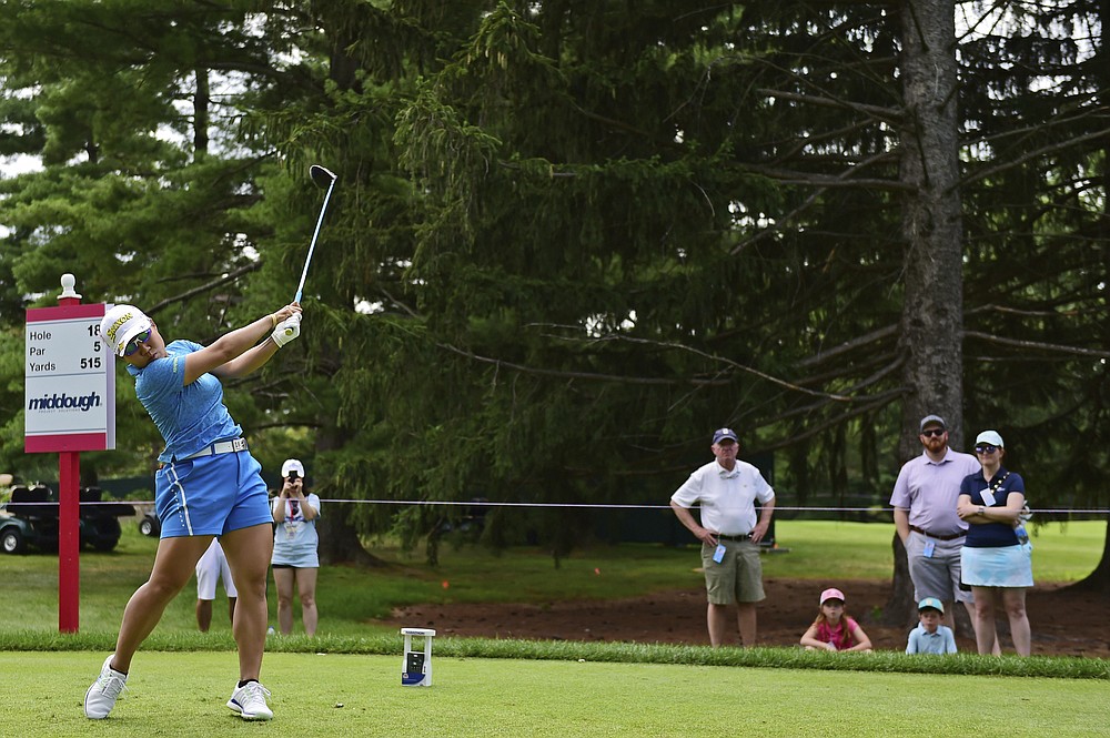 Nasa Hataoka, of Japan, tees off on the 18th hole during the third round of the Marathon LPGA Classic golf tournament at Highland Meadows Golf Club in Sylvania, Ohio, Saturday, July 10, 2021, in Sylvania, Ohio. (AP Photo/David Dermer)