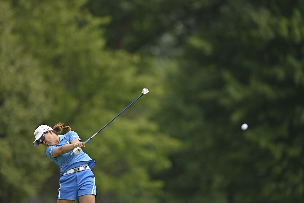 Nasa Hataoka, of Japan, hits her approach shot on the 18th hole during the third round of the Marathon LPGA Classic golf tournament at Highland Meadows Golf Club in Sylvania, Ohio, Saturday, July 10, 2021, in Sylvania, Ohio. (AP Photo/David Dermer)