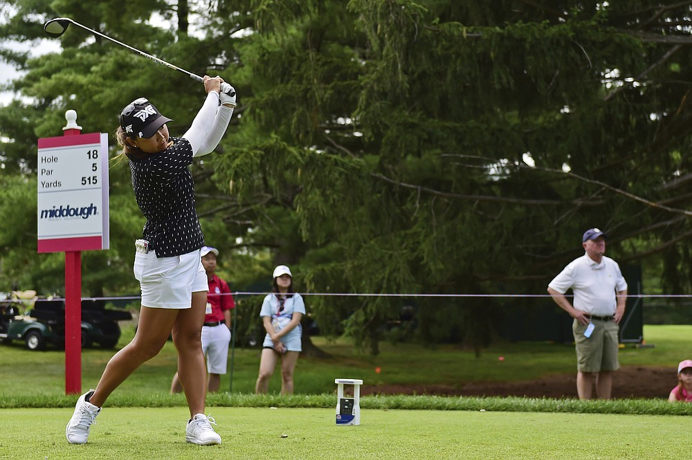 Mina Harigae tees off on the 18th hole during the third round of the Marathon LPGA Classic golf tournament at Highland Meadows Golf Club in Sylvania, Ohio, Saturday, July 10, 2021, in Sylvania, Ohio. (AP Photo/David Dermer)