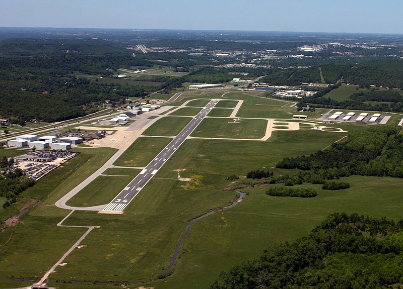 An aerial photograph shows the Drake Field runway at the Fayetteville municipal airport. Courtesy/City of Fayetteville