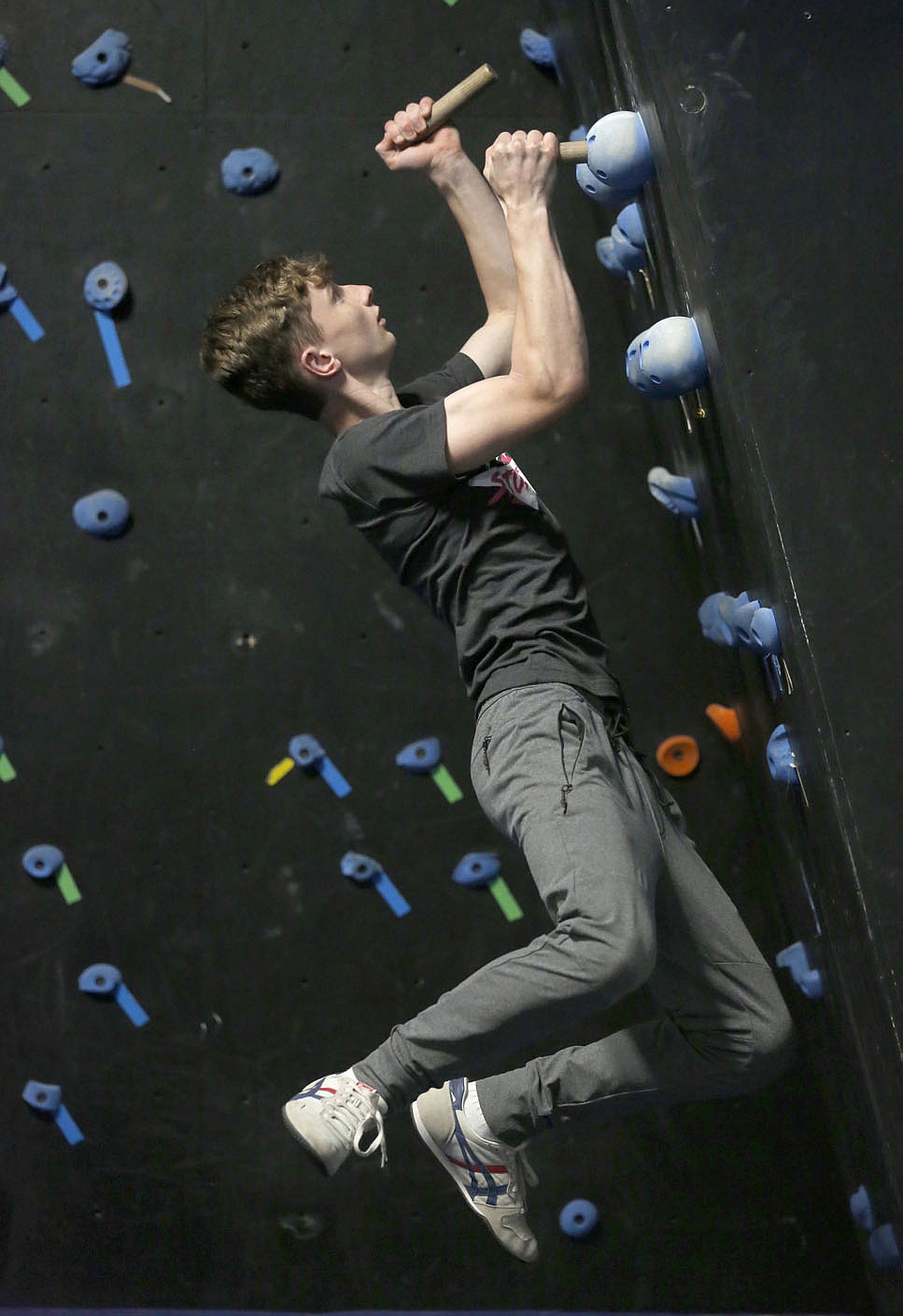 Bentonville West High School student Owen Dyer, 16, a competitor in the new Ninja Warrior's teen category climbs a peg board as he trains Tuesday, July 6, 2021, at Flip Side Ninja Park Lowell. Check out nwaonline.com/210711Daily/ and nwadg.com/photos for a photo gallery.(NWA Democrat-Gazette/David Gottschalk)