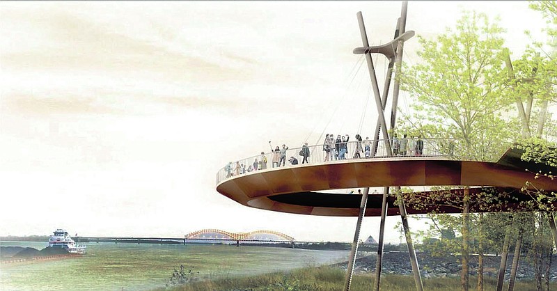 This artist's conception shows part the proposed canopy trail on Riverside Drive in Fort Smith, which includes a viewing station looking out over the Arkansas River. Officials say city voters will need to approve extending a city sales tax for park projects to continue moving forward.

(Courtesy Photo/Rogue Trails, Frontier Engineering)