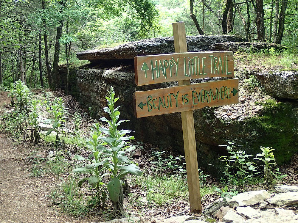 Hand-painted wood signs guide riders along the varies loops of the Marble Flats trails. Routes are laid out for beginner, intermediate and expert riders.
(NWA Democrat-Gazette/Flip Putthoff)