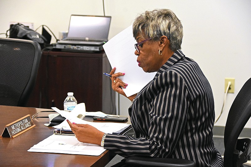 Nadine Jarmon, executive director of the Metropolitan Housing Alliance, speaks during the Metropolitan Housing Alliance meeting Thursday, June 17, in Little Rock. (Arkansas Democrat-Gazette/Staci Vandagriff)