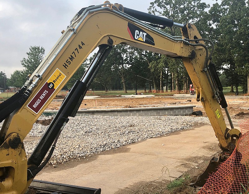 Westside Eagle Observer/RANDY MOLL Work was progressing Monday, July 12, 2021, on the splash pad being built in Gentry City Park but rains have caused numerous delays.
