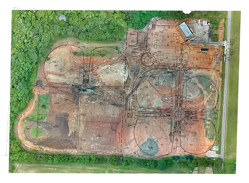 Submited/FLINTCO
An aerial image with overlay shows the progress on the sports complex being built on Browning Road as of July 12. The work is being completed by FLINTCO.