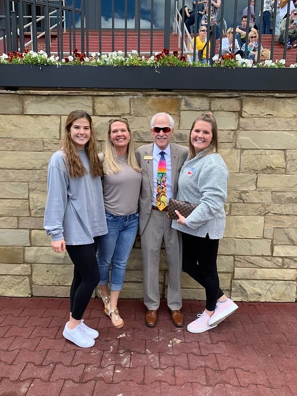 (From left) Caymanian Olympic gymnast Raegan Rutty stands with her mother Angel Rutty, grandfather Lou Siegel and sister Hannah Rutty in the Winner's Circle at Oaklawn. Submitted Photo.