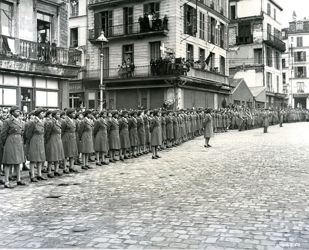 In this photo provided by the U.S. Army Women's Museum, members of the 6888th battalion stand in formation in Rouen, France, in 1945. The Women's Army Corps battalion, which made history as the only all-female Black unit to serve in Europe during World War II, is set to be honored by Congress. (U.S. Army Women's Museum via AP)