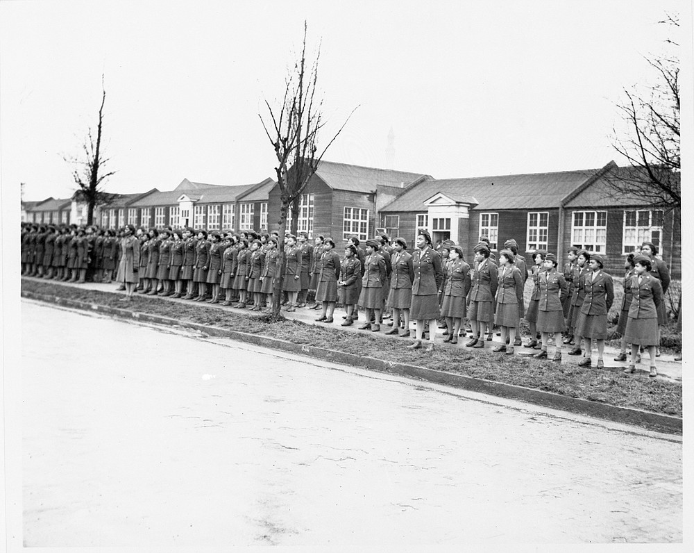 In this photo provided by the U.S. Army Women's Museum, members of the 6888th battalion stand in formation in Birmingham, England, in 1945. The Women's Army Corps battalion, which made history as the only all-female Black unit to serve in Europe during World War II, is set to be honored by Congress. (U.S. Army Women's Museum via AP)