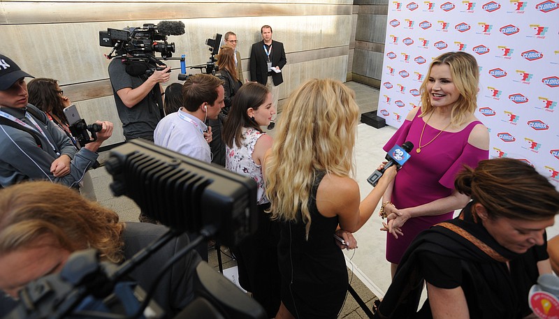 NWA Democrat-Gazette/ANDY SHUPE
Actor Geena Davis is interviewed Tuesday, May 2, 2017, on the "White Carpet" before the start of the opening of the third annual Bentonville Film Festival at Crystal Bridges Museum of American Art in Bentonville.