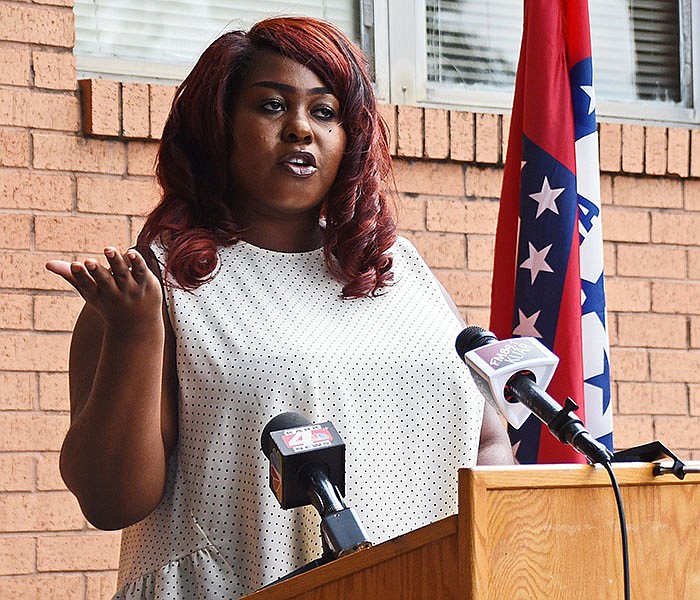 CaSandra Glover of Searcy speaks about the Child Tax Credit relief payments during a press conference Thursday, July 15, 2021 at the Democratic Party of Arkansas headquarters in Little Rock.
(Arkansas Democrat-Gazette/Staci Vandagriff)