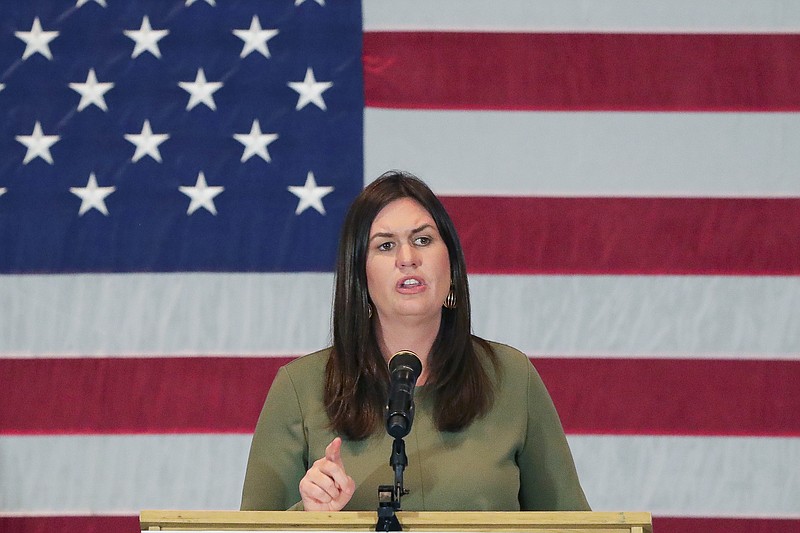 FILE - In this Nov. 2020, file photo, former White House Press Secretary Sarah Huckabee Sanders speaks during a Make America Great Again rally at Stoney Creek Hotel and Conference Center in Rothschild, Wis. (Tork Mason/The Post-Crescent via AP, File)
