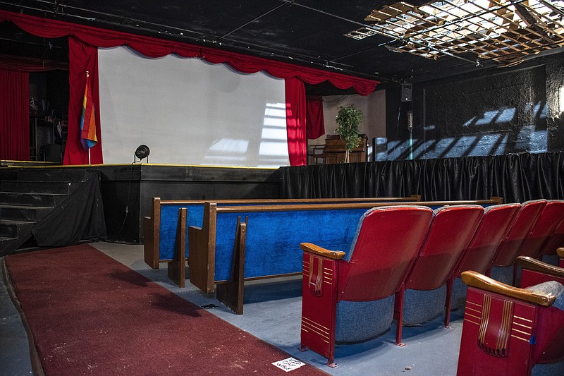 The Central Theater in Hot Springs — including the movie screen and stage — is being renovated by developer Chris Rix. (Arkansas Democrat-Gazette/Cary Jenkins)
