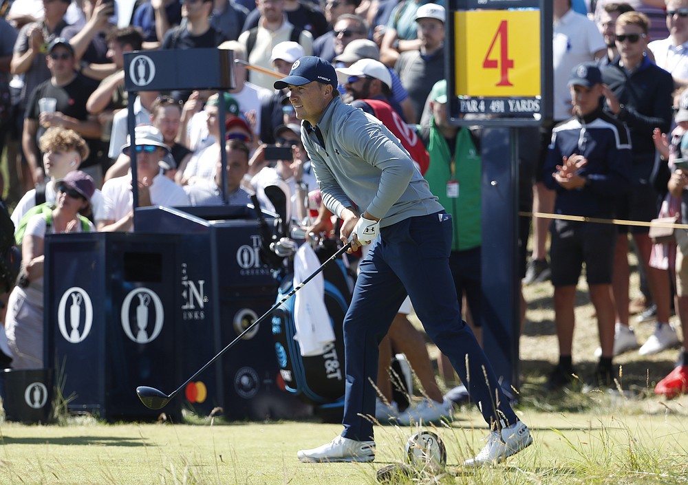 United States' Jordan Spieth reacts to his tee shot on the 4th hole during the second round of the British Open Golf Championship at Royal St George's golf course Sandwich, England, Friday, July 16, 2021. (AP Photo/Peter Morrison)