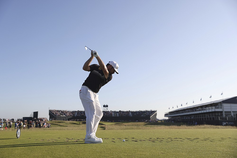 South Africa's Louis Oosthuizen hits his tee shot on the 16th hole during the second round of the British Open Golf Championship at Royal St George's golf course Sandwich, England, Friday, July 16, 2021. (AP Photo/Peter Morrison)