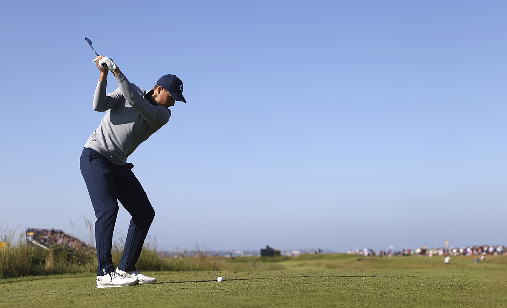 United States' Jordan Spieth tees off on the 11th hole during the second round of the British Open Golf Championship at Royal St George's golf course Sandwich, England, Friday, July 16, 2021. (AP Photo/Peter Morrison)