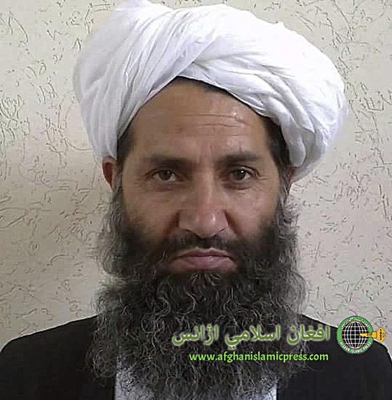 FILE - In this undated photo from an unknown location, released in 2016, the leader of the Afghanistan Taliban Mawlawi Hibatullah Akhundzada poses for a portrait. Senior Afghan leaders are in the Middle Eastern state of Qatar talking peace with the Taliban, whose leader,  Akhundzada, on Sunday, July 18, 2021, issued a statement saying the insurgent movement wants a political settlement to Afghanistan’s decades of war. (Afghan Islamic Press via AP, File)