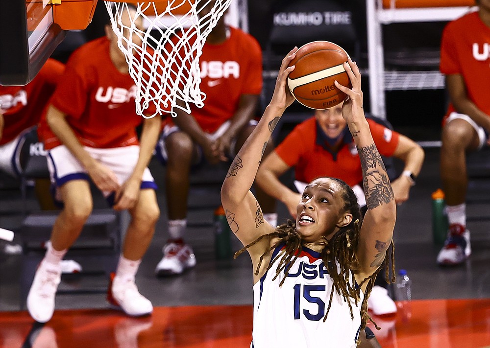 United States center Brittney Griner lays up the ball during the first half of a pre-Olympic exhibition basketball game against Nigeria in Las Vegas on Sunday, July 18, 2021. (Chase Stevens/Las Vegas Review-Journal via AP)