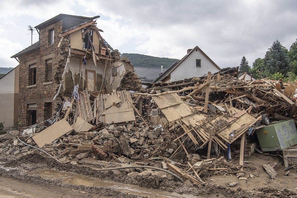 Completely destroyed is this house in Altenahr, Germany, Monday, July 19, 2021. Numerous houses in the town were completely destroyed or severely damaged, there are numerous fatalities. (Julia Cebella/dpa via AP)