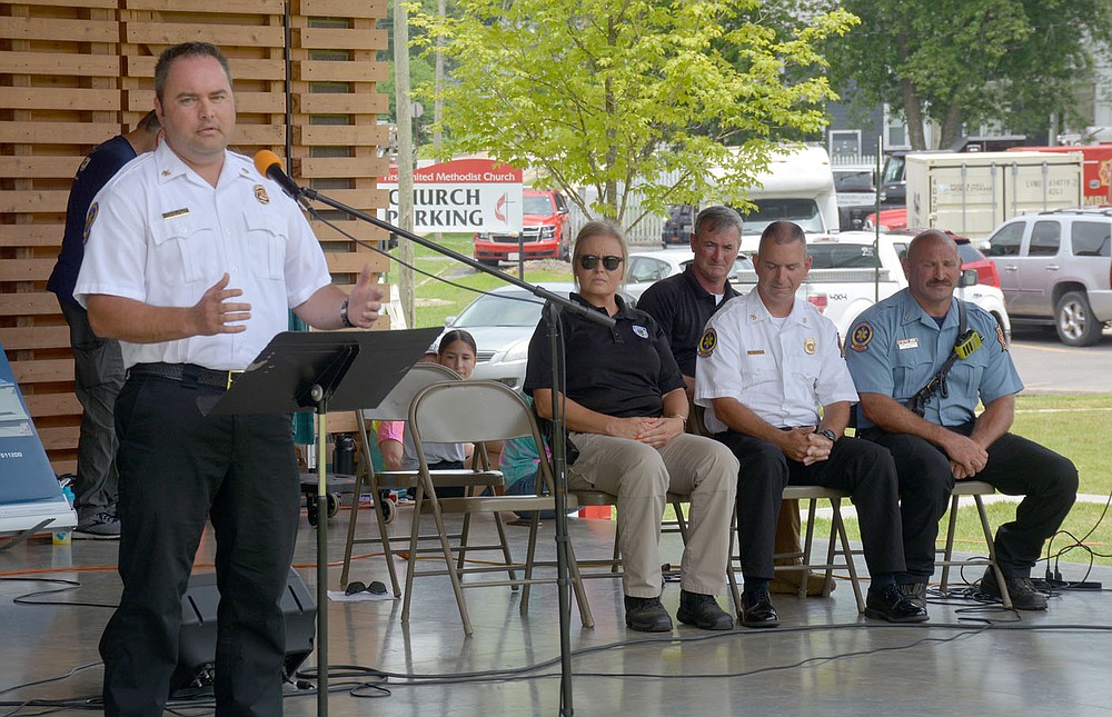 Graham Thomas/Herald-Leader
Siloam Springs Fire Chief Jeremey Criner speaks during the "Celebrating Siloam Springs First Responders" program hosted by the Siloam Springs Rotary Club on Saturday at the Chautauqua Amphitheater in Memorial Park.