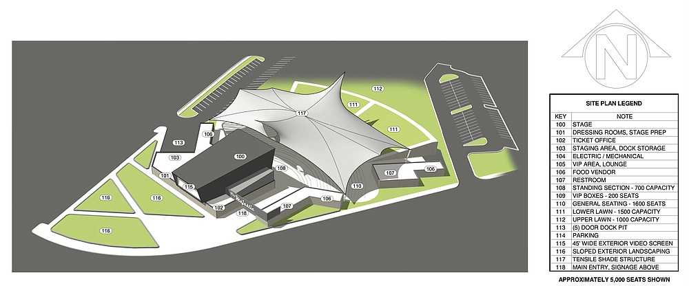 An architectural rendering of the proposed Majestic Entertainment Pavilion, with amenities labeled. The image is courtesy of R.A. Wilson Enterprises Inc. - Submitted photo