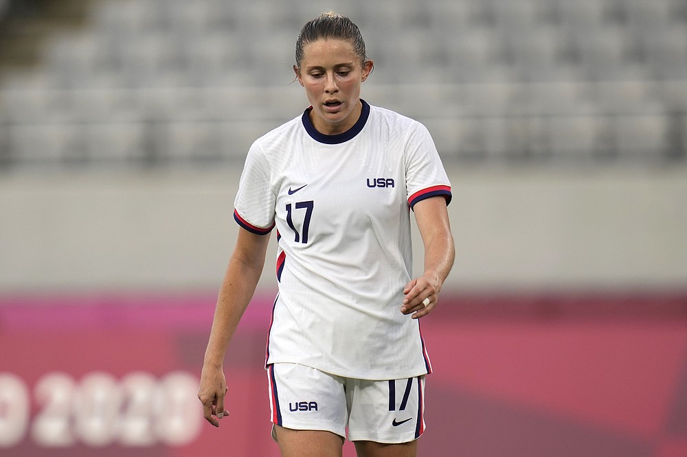 United States' Abby Dahlkemper reacts during a women's soccer match against Sweden at the 2020 Summer Olympics, Wednesday, July 21, 2021, in Tokyo. (AP Photo/Ricardo Mazalan)