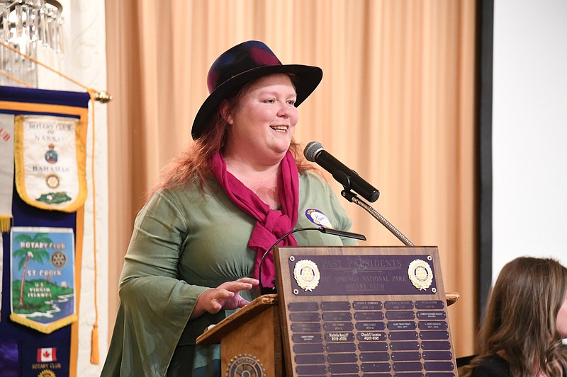 Arkansas food historian Kat Robinson talks about the state’s food culture during Hot Springs National Park Rotary Club’s final meeting at the Arlington Resort Hotel & Spa. - Photo by Tanner Newton of The Sentinel-Record