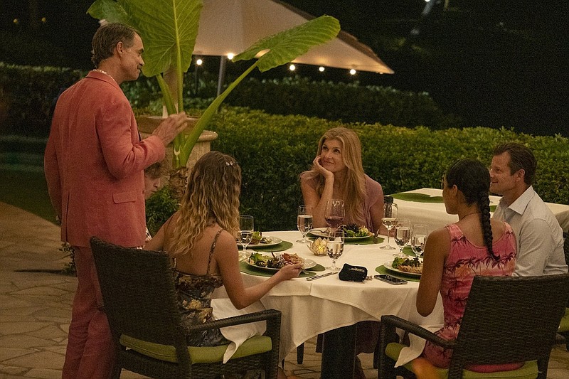 Murray Bartlett (from left), Fred Hechinger (partially obscured) Sydney Sweeney, Connie Britton, Brittany O’Grady and Steve Zahn star in “The White Lotus,” a tale of privilege on HBO. (HBO/TNS/Mario Perez)