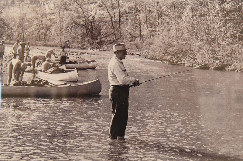 U.S. Supreme Court Justice William O. Douglas fishes on the Buffalo River near Steel Creek in May 1962. Douglas floated the Buffalo at the invitation of The Ozark Society, which hoped he might influence the fate of the Buffalo River.
(Courtesy photo)