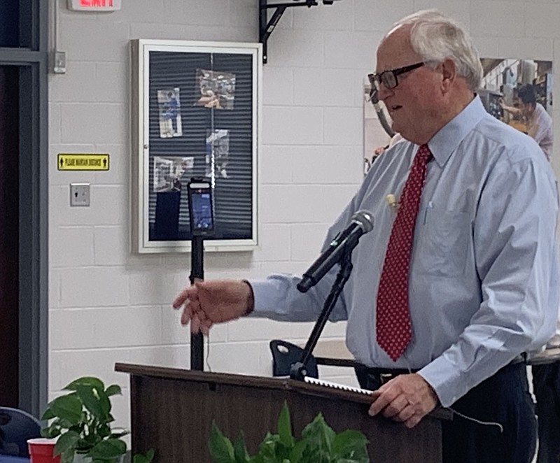 Jim Rollins, Northwest Technical Institute president, discusses hoped for increases in enrollment for the 2021-22 school year Thursday at a Board of Directors meeting. (NWA Democrat-Gazette/Mary Jordan)