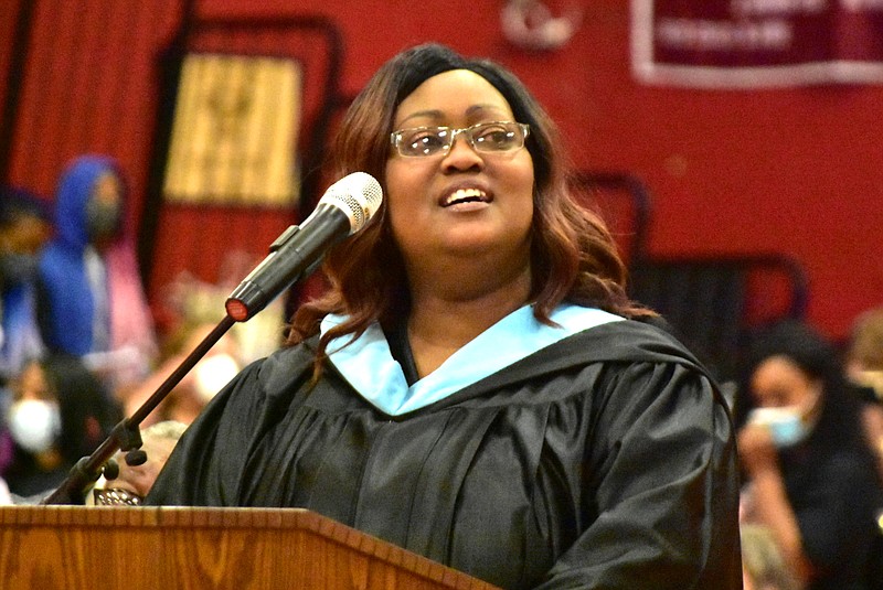 Pine Bluff School District Superintendent Barbara Warren says she is eager to get students and staff vaccinated against the covid pandemic. Shown here, she is speaking at the Dollarway High School graduation ceremony in May. (Pine Bluff Commercial/I.C. Murrell)