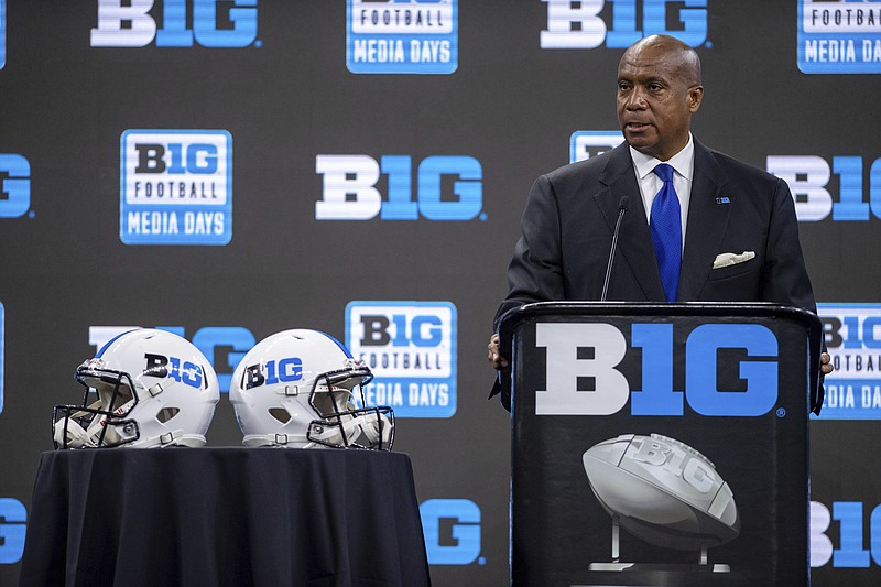 Big Ten Commissioner Kevin Warren speaks during a Big Ten NCAA college football media days press conference, Thursday, July 22, 2021, at Lucas Oil Stadium in Indianapolis. (AP Photo/Doug McSchooler)